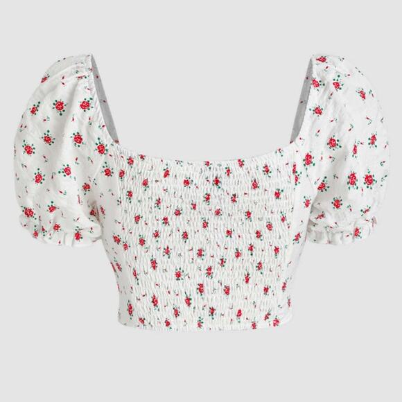 Cider Women's Floral Bubble Sleeve Knot Front Cropped Blouse White Size XL - Picture 2 of 9